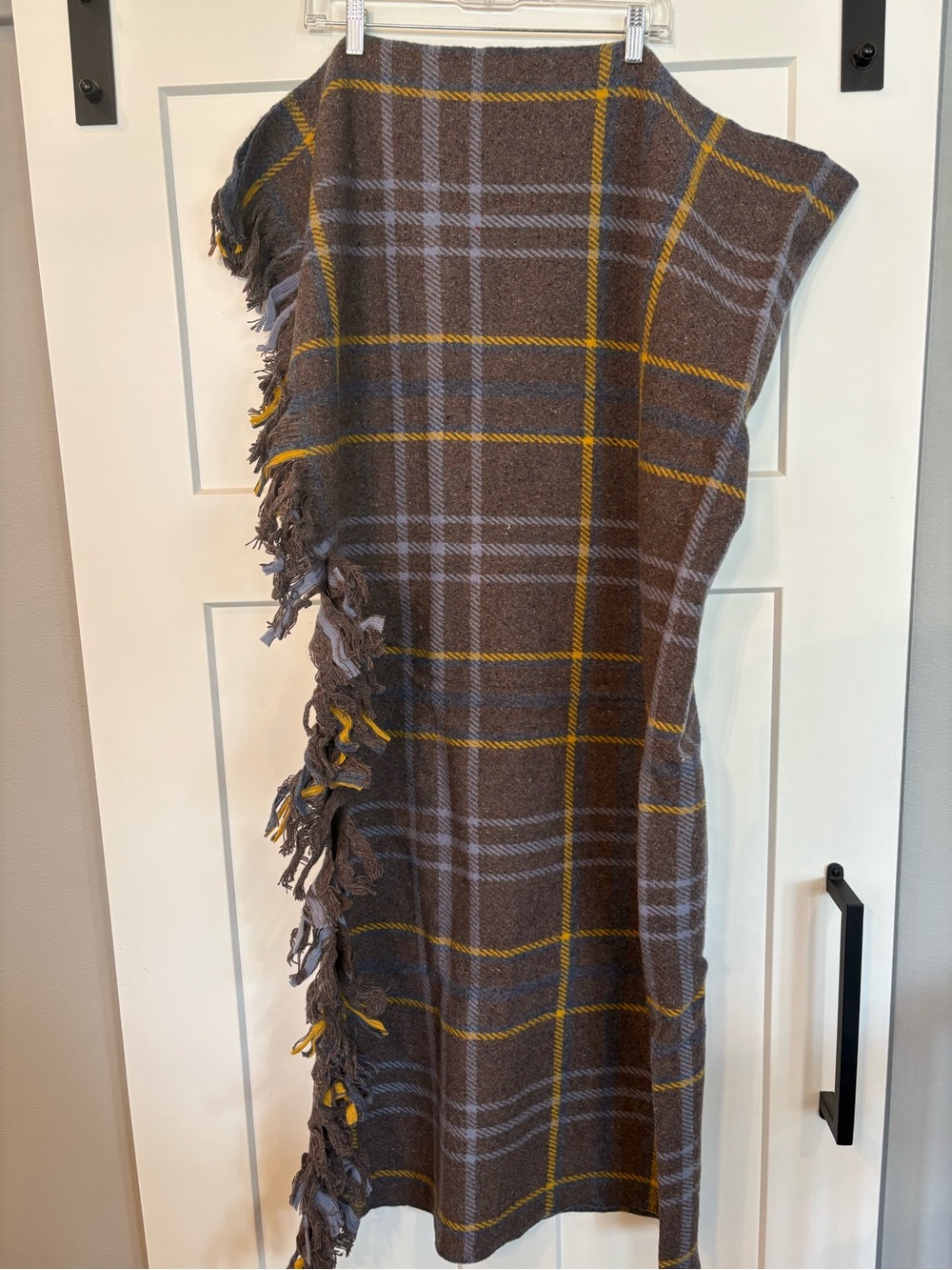Amanda Woolen Mills Wool Blanket Throw Fringe Blue Gray Gold
